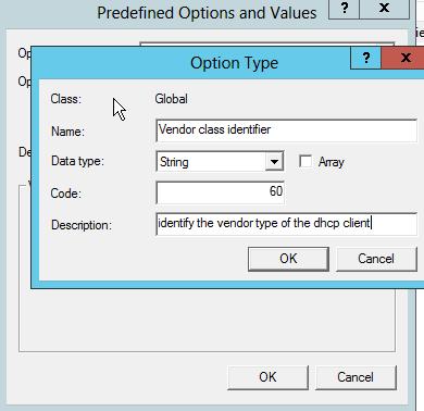 DHCP Option 60 (Vendor Class Identifier) Description Option 60 is used by clients to optionally identify the vendor type and configuration of a DHCP client.