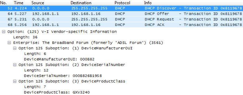 Figure 28: DHCP Discover Advertisement for Option 125 Advertised information in above option 125 are: