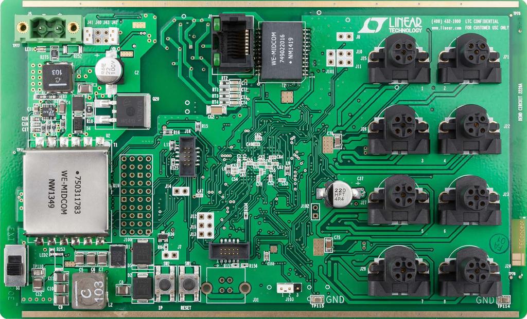 Description Demonstration circuit 2228A is a complete 8-port IO-Link Master that uses two LTC 2874 IC s to implement its IO-Link v1.1 physical interface (PHY).