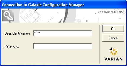 Software Functionalities Log in Galaxie Configuration Manager Run the Galaxie Configuration Manager from Windows Start Menu Programs Galaxie Galaxie Configuration Manager, or double click on the