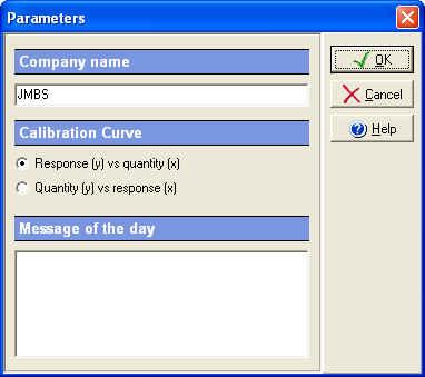 Software Functionalities Parameters Select the CONFIGURATION / PARAMETERS menu. The following screen is displayed: The following options are proposed: Company: This field is informative.