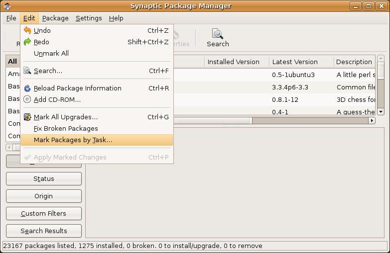 Package Manager] $ sudo synaptic 2.