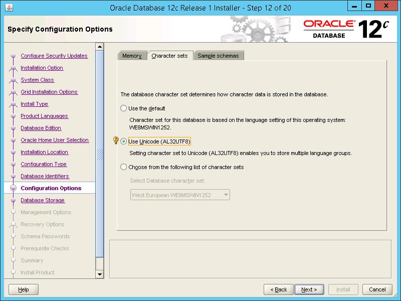 DELMIA Apriso DELMIA Apriso 2017 Installation Guide 38 Figure 12 Configuring character sets 17 Provide the location for the Oracle files and click Next (use a large and fast disk).