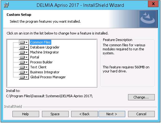 DELMIA Apriso DELMIA Apriso 2017 Installation Guide 58 a If you select Custom setup, an additional screen will appear with a list of all of the programs.