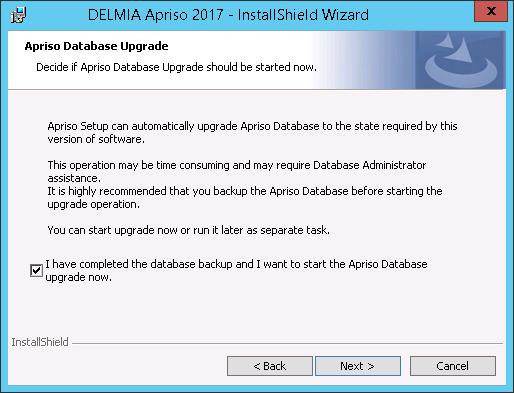 DELMIA Apriso DELMIA Apriso 2017 Installation Guide 61 Figure 27 Automatic database upgrade window To ensure that the database and binaries versions are exactly the same, it is strongly recommended