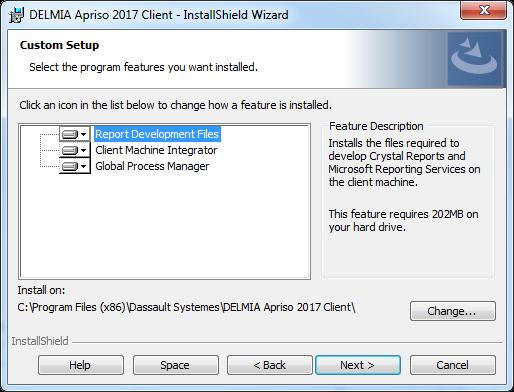 DELMIA Apriso DELMIA Apriso 2017 Installation Guide 80 Figure 36 DELMIA Apriso Client Setup Type screen 5 Click Next. When the Custom setup type was selected the Custom Setup screen appears.