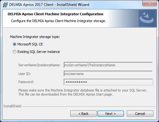 DELMIA Apriso DELMIA Apriso 2017 Installation Guide 82 Figure 40 DELMIA Apriso Client MI Configuration screen MI storage type There are two possible options: Microsoft SQL CE a local database will be