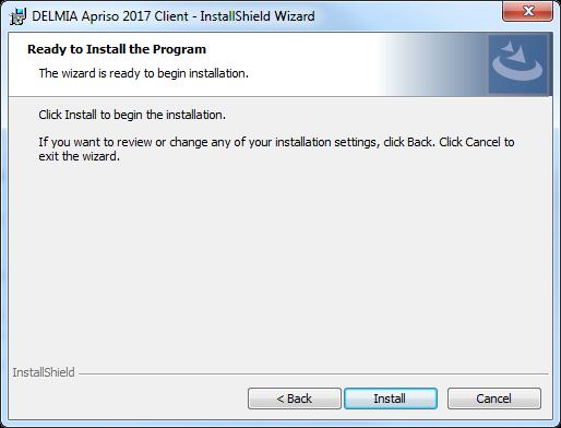 DELMIA Apriso DELMIA Apriso 2017 Installation Guide 83 Figure 41 DELMIA Apriso Client Ready to Install the Program screen 12 Click Install on the Ready to Install the Program screen.