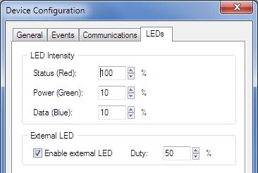Configuration LEDs Tab Figure 6 Device Configuration Example LEDs Tab The Intensity of each of the three LEDs on the ADR can be individually configured.