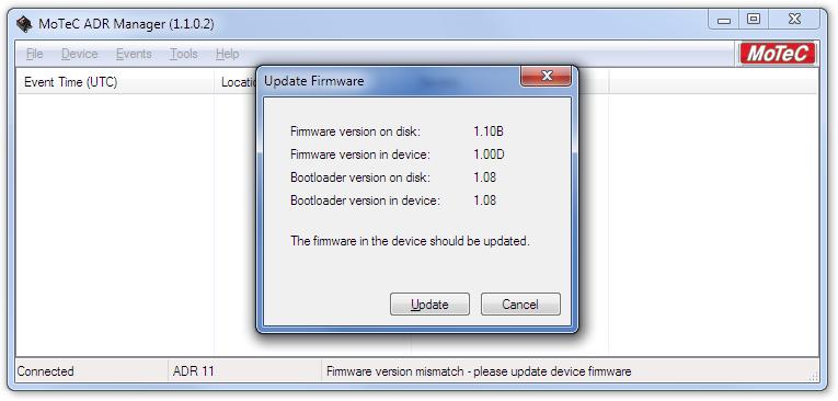 Firmware Upgrades Firmware Upgrades Update the ADR firmware and bootloader through ADR Manager as follows. 1. Select the Device > Update Firmware menu option.