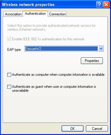 U slučaju da imate tab Authentication provjerite je li postavljena kvačica pored Enable IEEE 802.1X authentication for this network, te odabrati SecureW2 TTLS za EAP type.
