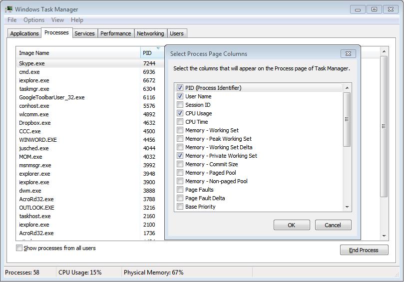On Task Manager Process tab, locate the PID number of the service using port 80. The service name is shown under Image Name column.