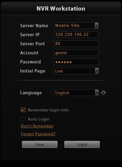 E. Remember Login Information To have OneSecure Workstation remember the Account, Password, your choices of Initial Page and UI Language, simply check Remember login info.