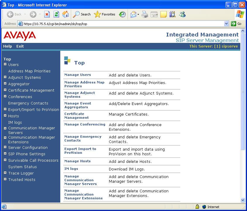 2. Top Page The Avaya SES Top page