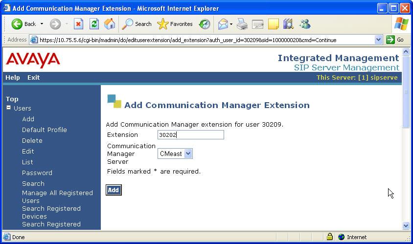 2. Communication Manager Extension After a confirmation screen (not shown), the following screen appears.