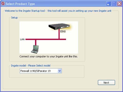 1. Launch Startup Tool The Ingate Startup Tool is a Windows application which is launched from the Windows Start Menu by navigating to Start All Programs Shortcut to StartupTool.exe. 2.
