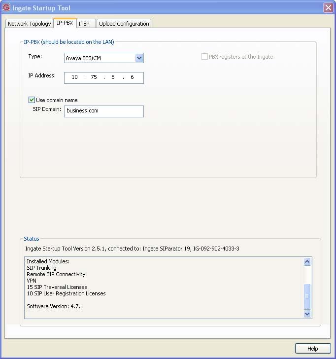 5. IP-PBX Settings Select the IP-PBX tab. Select Avaya SES/CM from the Type drop-down menu.