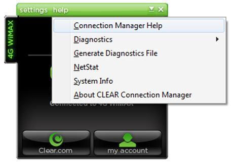 Manage Your Mobile USB (continued) CLEAR Connection Manager Help On the Help Tab, you can: View the Connection Manager Help Files. Check Diagnostic information for 4G or 3G services.