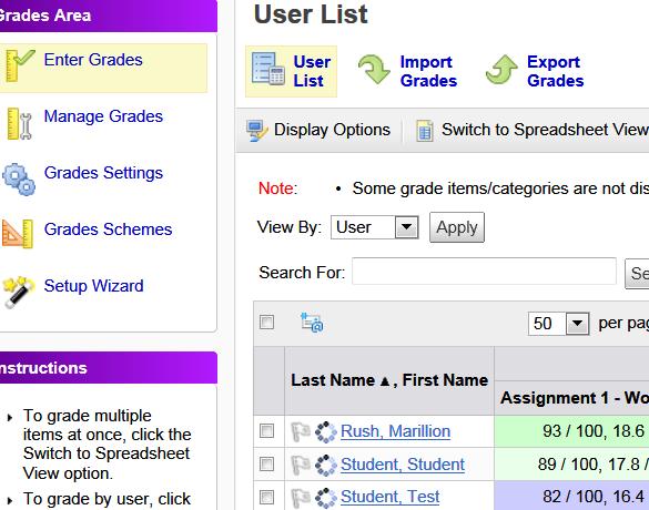 4 The Grade user: screen contains all of the grade information for the student Enter grades into appropriate item fields and click Save.
