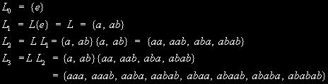 III 2 Let L = { n is an integer } Then = { n is an integer } Language concatenation : The concatenation of languages = { xy } is defined as Example : { a, ab }{ b, ba } = { ab, aba, abb, abba } Note