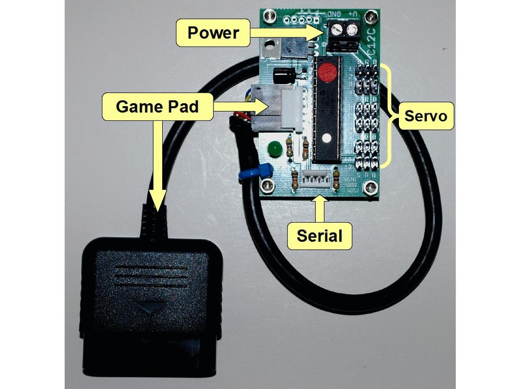 QUICK START 1. 2. 3. 4. Plug your PS2 tethered game pad or wireless game pad receiver into the C12C game pad connector Connect your servos, motor controllers, etc.