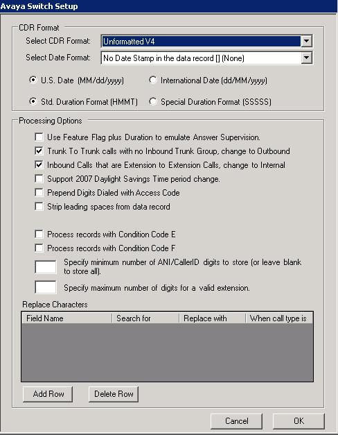 Select CDR format type on the Avaya Switch Setup page, and click on the