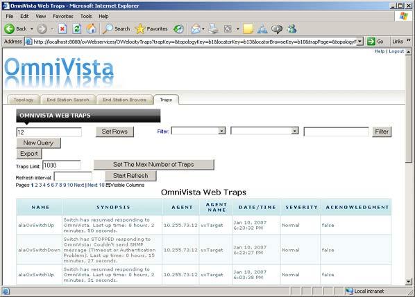 Notifications Notifications The Notifications application within the OmniVista Web Client is used to monitor switch activity through the OmniVista Web Traps Table.