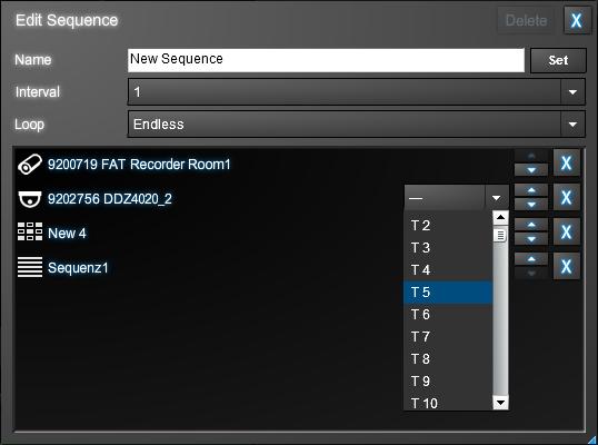 The Edit Sequence configuration dialog is displayed: Cameras / encoders PTZ cameras Salvos Sequences A sequence can be composed of cameras, PTZ cameras, salvos and other sequences. Fig.