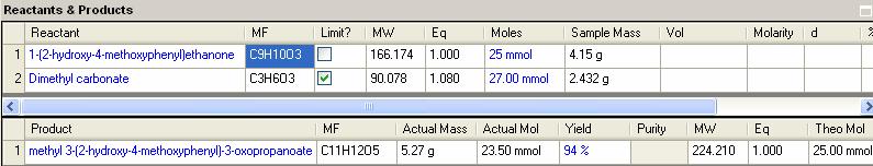experimental reaction parameters. It calculates and stores the amount, M.Wt, moles, density, and many other variables.