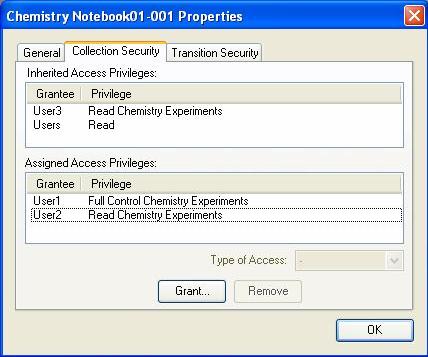 permissions list User1 has Full control privilege to Chemistry Experiments i.e. User1 can change the access that other E-Notebook users have to Chemistry Notebook01-001 (Chemistry