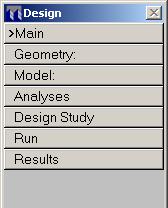 The Main Menu contains most of the ProMechanica command sub-menus: Geometry: Model: Analysis: Design Study: Run: Results: Sub-menus to create 2D and 3D geometric features.