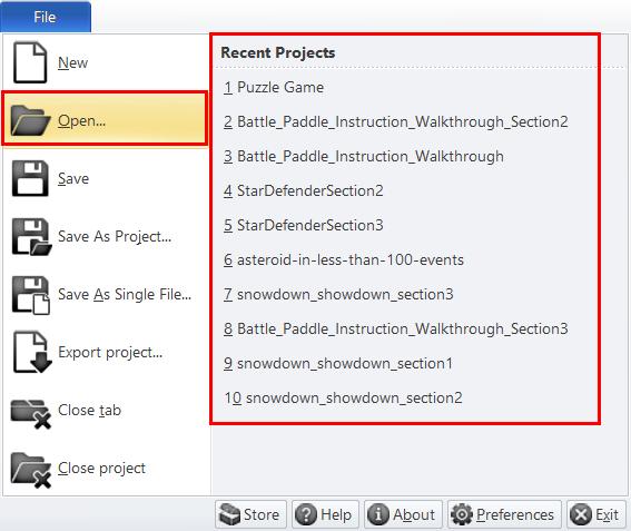 OPEN Open will let you open any saved projects.