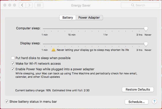 In the Energy Saver menu, drag the Computer sleep slider to Never (all the way to the right) or select
