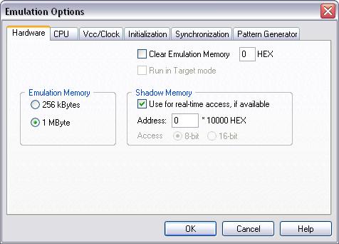 2 Emulation Options 2.1 Hardware Options Emulation Memory In-Circuit Emulator Options dialog, Hardware page Defines the size of emulation memory available on the In-Circuit emulation module.