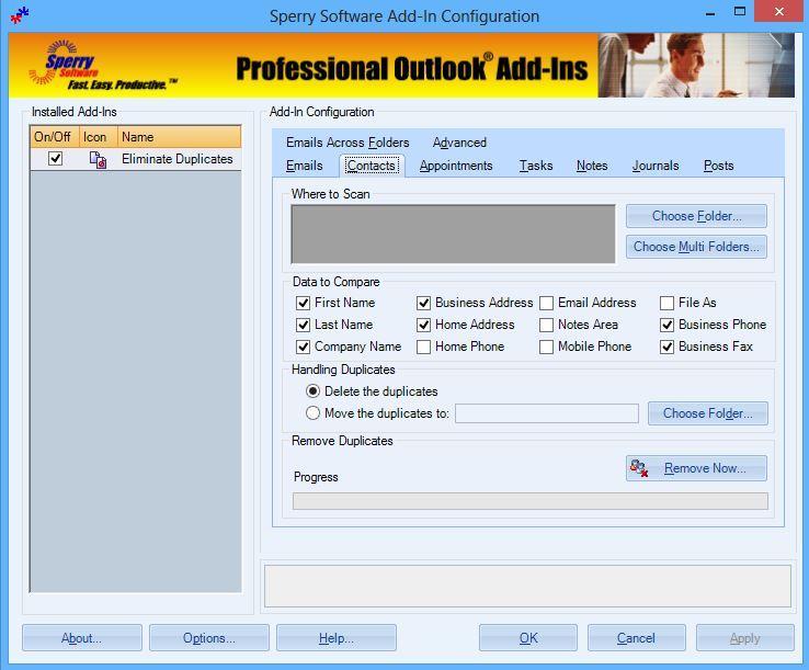 Screen Shots Figure 2 - Duplicate Email Eliminator Window on Outlook 2013 Figure 3 - Duplicate Contacts