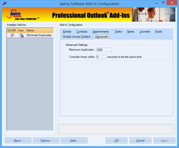 Advanced tab Figure 10 - Advanced Tab Window on Outlook 2013 The Advanced tab has two options. The first allows you to specify the maximum number of duplicates to process at one time.