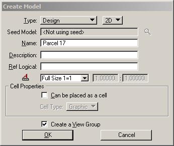 Lab Exercise: Creating Master Plat File & Model 4. Click the Create New Model icon. 5. Populate the dialog as shown below being sure the Model Type is Design and provide the name of Parcel 17. 6.