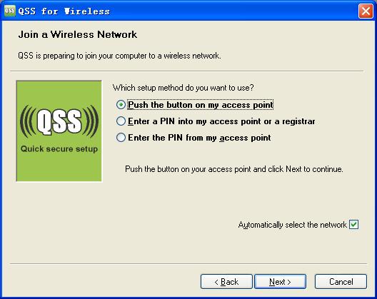 For the configuration of the wireless adapter, please choose Push the button on my access point in the