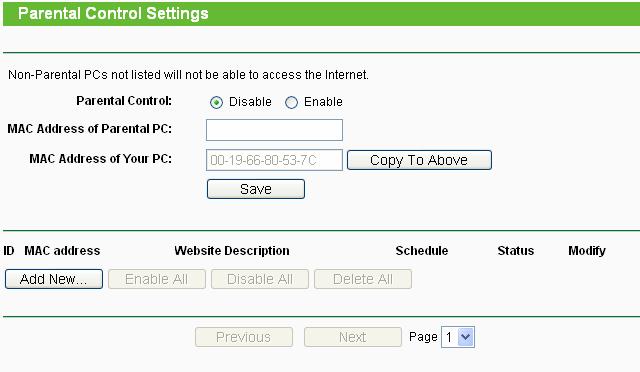 Figure 4-42 Parental Control Settings Parental Control - Check Enable if you want this function to take effect, otherwise check Disable.