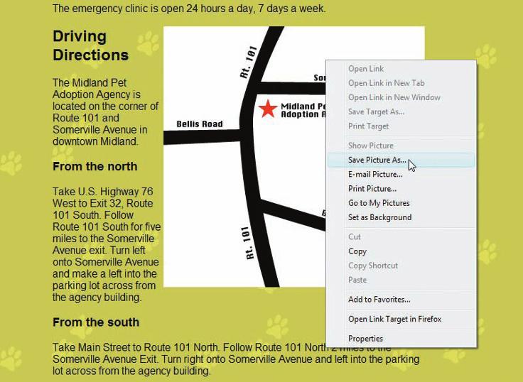 Tutorial 1 Browser Basics Internet WEB 47 Saving the map image Figure 1-28 map image shortcut menu for map image 2. Click Save Picture As on the shortcut menu to open the Save Picture dialog box. 3.