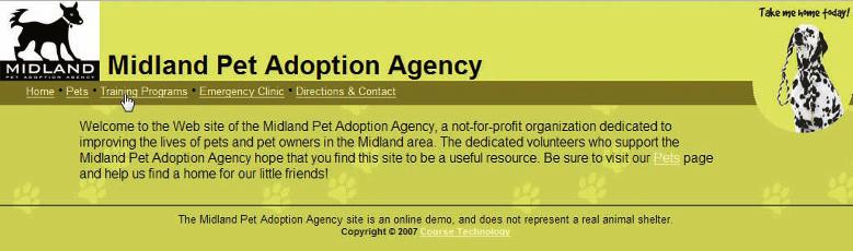 WEB 52 Internet Tutorial 1 Browser Basics Figure 1-32 Midland Pet Adoption Agency home page pointer shape changes when hovering over a hyperlink 2. Click the Training Programs link to load the page.