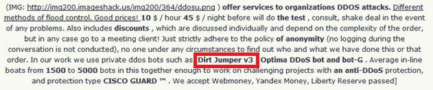 DDoS Services using Dirt Jumper 3 Version 3 featured prominently in underground