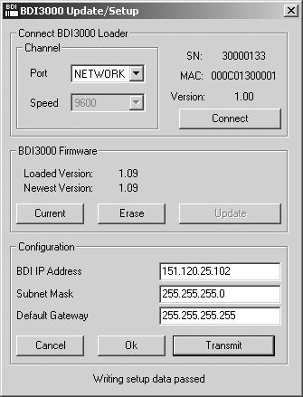 bdiaccess for BDI3000 (MPC85xx/P10xx/P20xx) Installation Manual 11 2.6 BDI3000 Setup/Update First make sure that the BDI is properly connected to the host via RS232 and/or network.