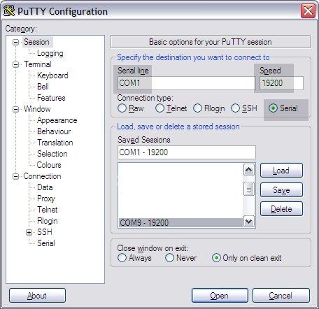 3.5. Configuring the environment 1. If you re using PuTTY, start by clicking the Serial button and change the Speed from "9600" to "19200". 2.