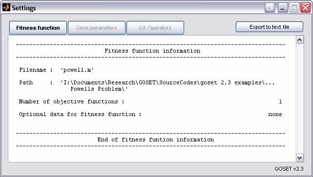 Recent files: Exit GOSET: Five most recently accessed fitness function files are listed. They can be