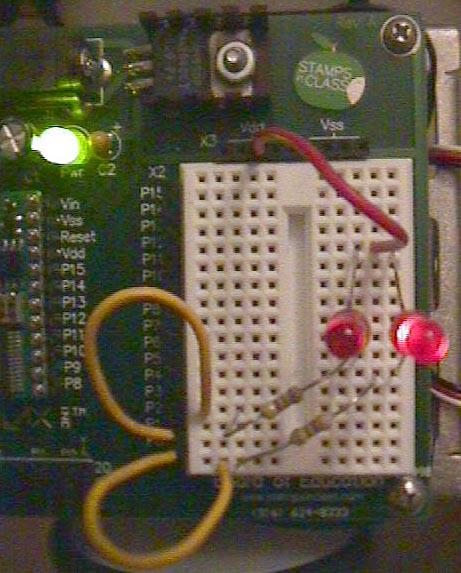 Create Flashing Lights Hardware connection to +5v (Vdd) Note Polarity Of LED s (2) 470 Ohm Resistors (yellow, violet, brown, ) Create