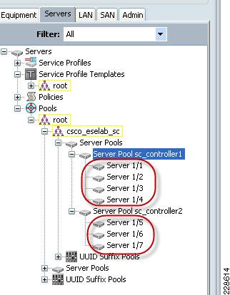 Server Configuration (Servers Tab) Server Pools Two server pools are created, each containing four blades.
