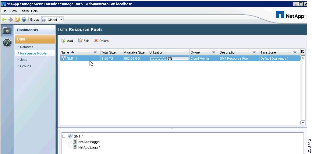 Figure 46 Data Resource Pools Window Creating Infrastructure Storage Provisioning Policies Follow these procedures to create storage provisioning policies for the infrastructure NAS datastores.