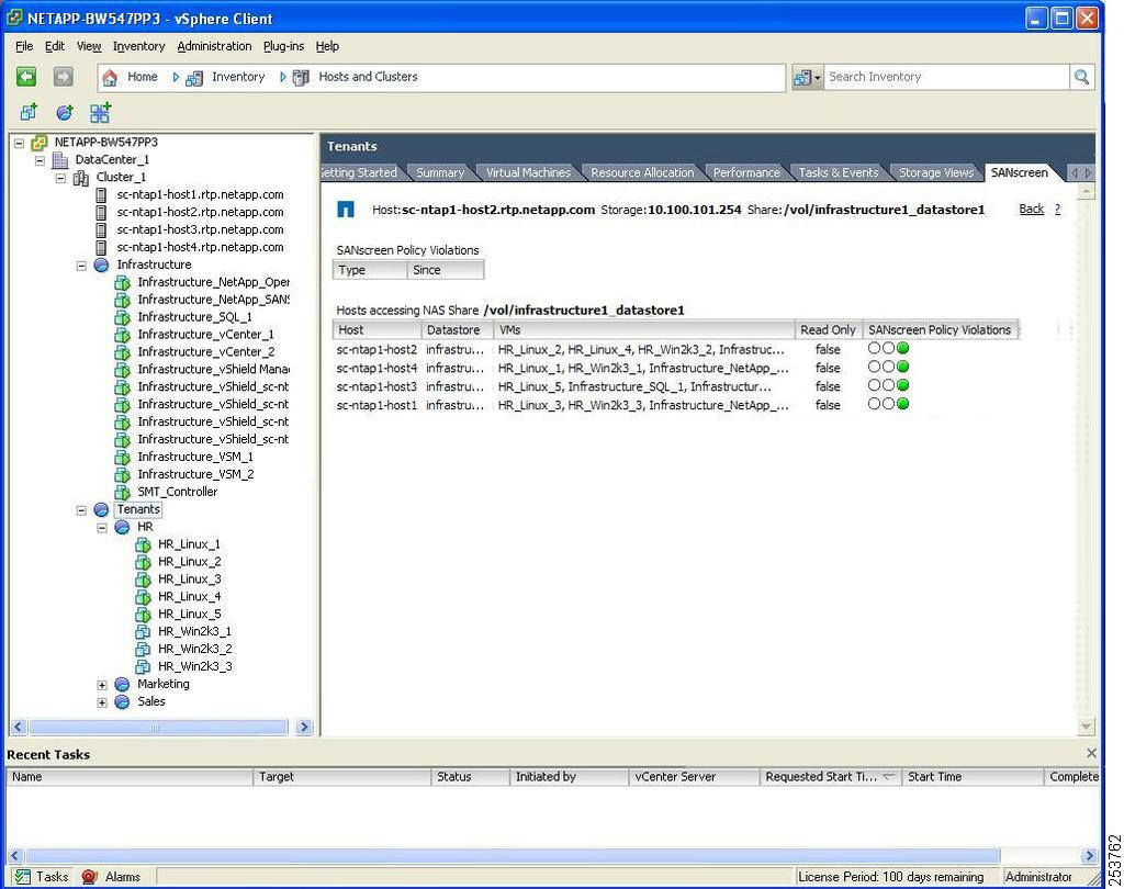 Tenant Provisioning Figure 62 SANscreen Reporting Tab Window Step 6 The SANscreen Explorer client or the vsphere vcenter SANscreen reporting tab can be used to correlate end-to-end service paths and
