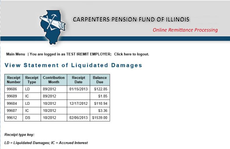 On the View Statement of Liquidated Damages screen, you will see a list of all open liquidated damages, if applicable.